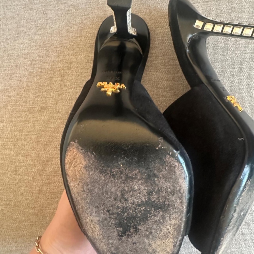 Prada Black Suede Crystal Embellishments Mules/ Slides/ Heels/ Sandals - Picture 7 of 7